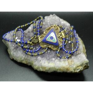 Vintage Lapis Lazuli Bead Necklace with Enamel Triangle Pendant